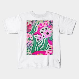 Wonderful Pink Whales Swimming in Botanical Bliss Kids T-Shirt